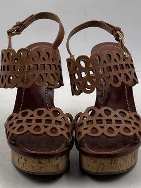 Tory Burch Nori Brown Laser-Cut Cork Wedge Sandals Sz 5